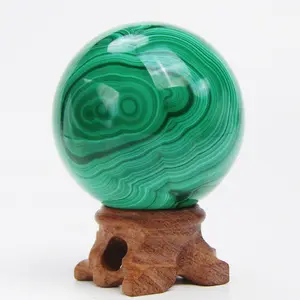 Natural Malachite Crystal Sphere Healing Gemstone Ball Sculpture Figurine with Wooden Stand for Divination Home Decoration