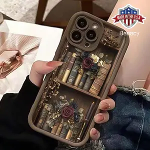 Flower & Book Pattern Phone Case, Anti-drop Cellphone Protective Case, Total Protective Shockproof Mobile Phone Cover for Iphone 11 12 13 14 15 16 Pro Max, Phone, Smartphone Casing, Protector Protection Dark Brown