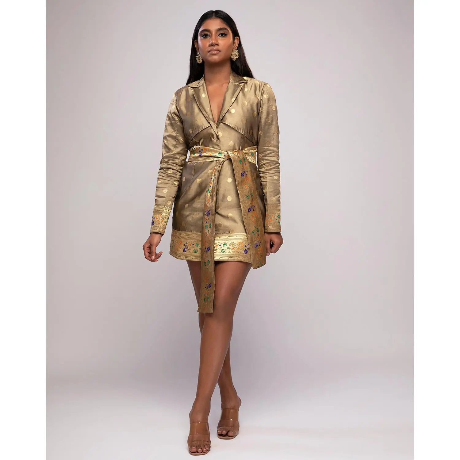 Taara Blazer Dress - Upcycled Olive Sari Blazer Dress with Tailored Silhouette, Cinched Waist, Complementary Belt, Sustainable & Stylish, Brocade Silk Fabric, True to Size, Perfect for Any Occasion