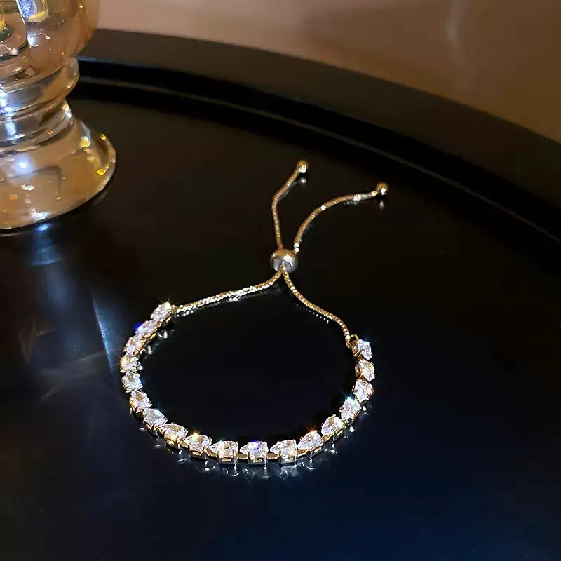 Irregular Mixed Cut Clear Crystal Tennis Bracelet Gold Tone Slider Pull Adjustable Bracelet Women Sparkling Jewelry