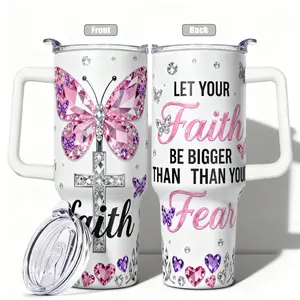 1pc, 40oz/30oz/20oz/14oz Stainless Steel Cup Faith Butterfly Cross Rhinestone Inspired Double Wall Vacuum Insulated Cup, Leakproof Lid & Carry Handle Travel Mug Tumbler for Outdoor Camping Hiking, Gift fo