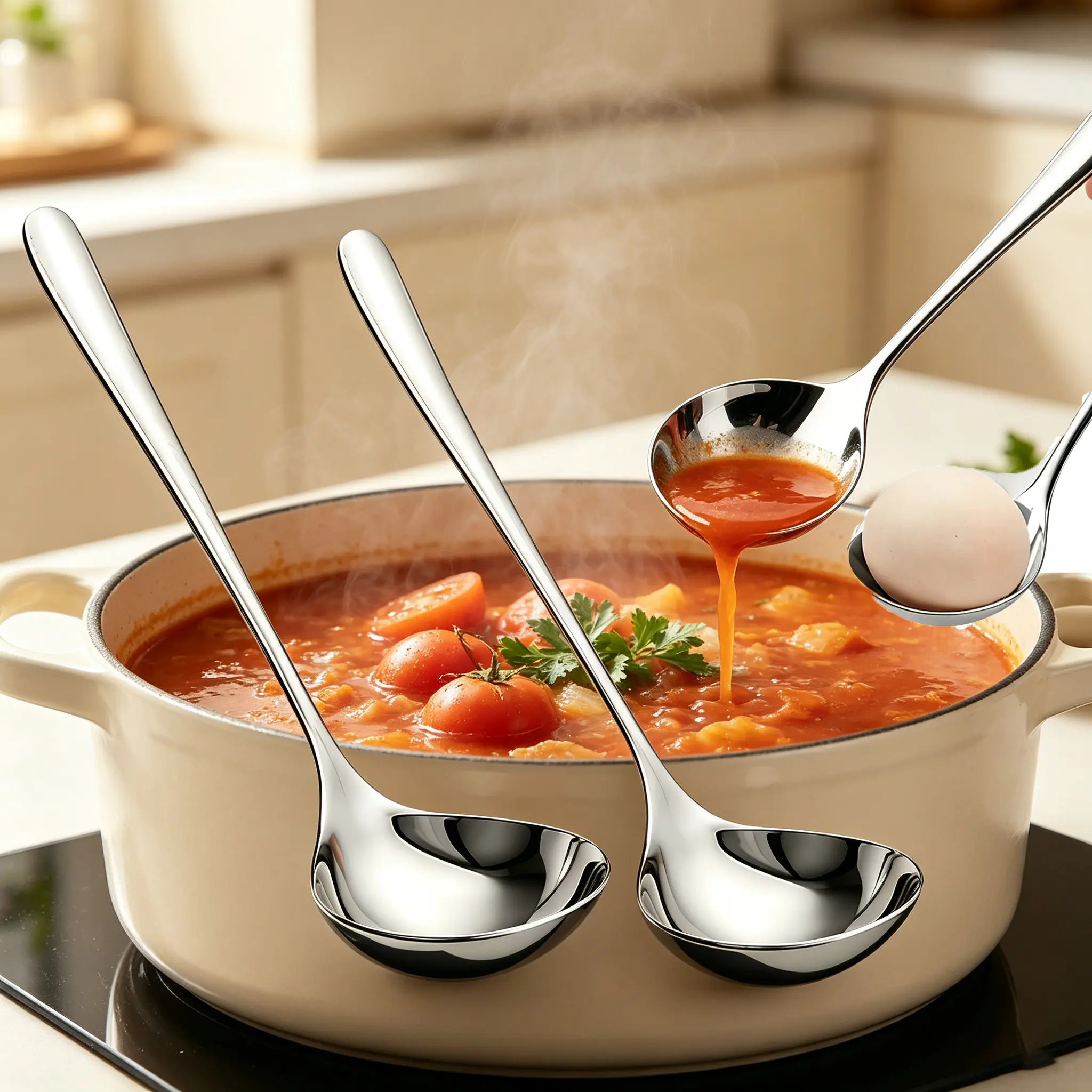 Stainless Steel Soup Ladle, Deep Bowl Long Handle Soup Spoon, No Spill Cooking Serving Spoon for Kitchen
