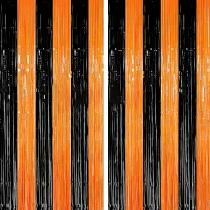 2 Packs 3ft x 8.4ft Orange Black Metallic Tinsel Foil Fringe Curtains Photo Booth Props for Halloween Birthday Bridal Shower Baby Shower Bachelorette Holiday Celebration Party Decorations