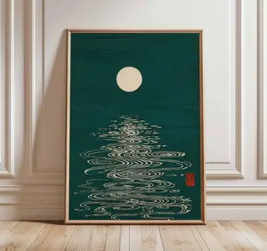 [SALE UP TO 50% + FREE SHIP] Moon Reflection Poster, Japanese Minimalist Art Print, Retro Night Sky Wall Art, Mid Century Modern Decor, Vintage Zen Poster