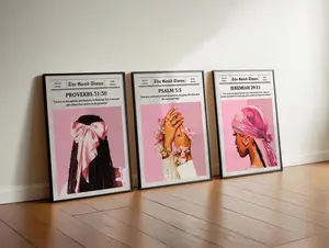Set of 3 Pink Bible Verse Print; Christian Black Girl Wall Art