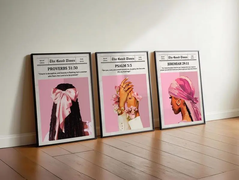 Set of 3 Pink Bible Verse Print; Christian Black Girl Wall Art