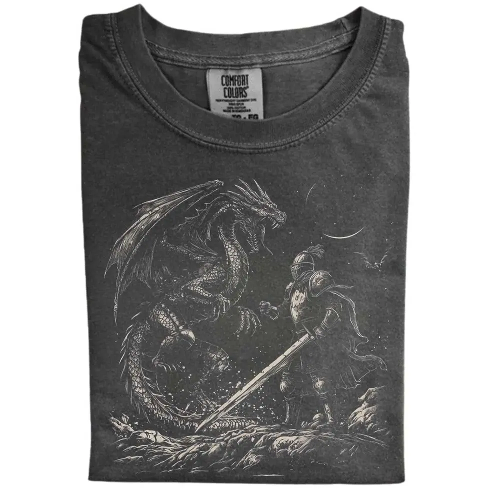Dragon and Knight Shirt, Dark Fantasy Graphic Comfort Color Tee, Retro Crewneck Medieval Tshirt, Bookish Boyfriend Gift for Him