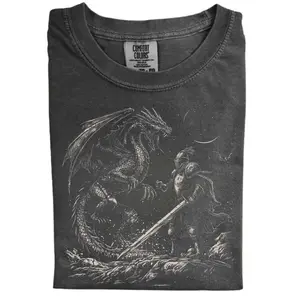 Dragon and Knight Shirt, Dark Fantasy Graphic Comfort Color Tee, Retro Crewneck Medieval Tshirt, Bookish Boyfriend Gift for Him
