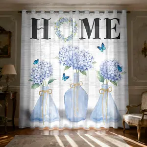 Country Farmhouse Style Home and Hydrangea Pattern Print Filter Curtain, Semi-Transparent Sunshade for Bedroom Living Room Dining Room, 2 Panels