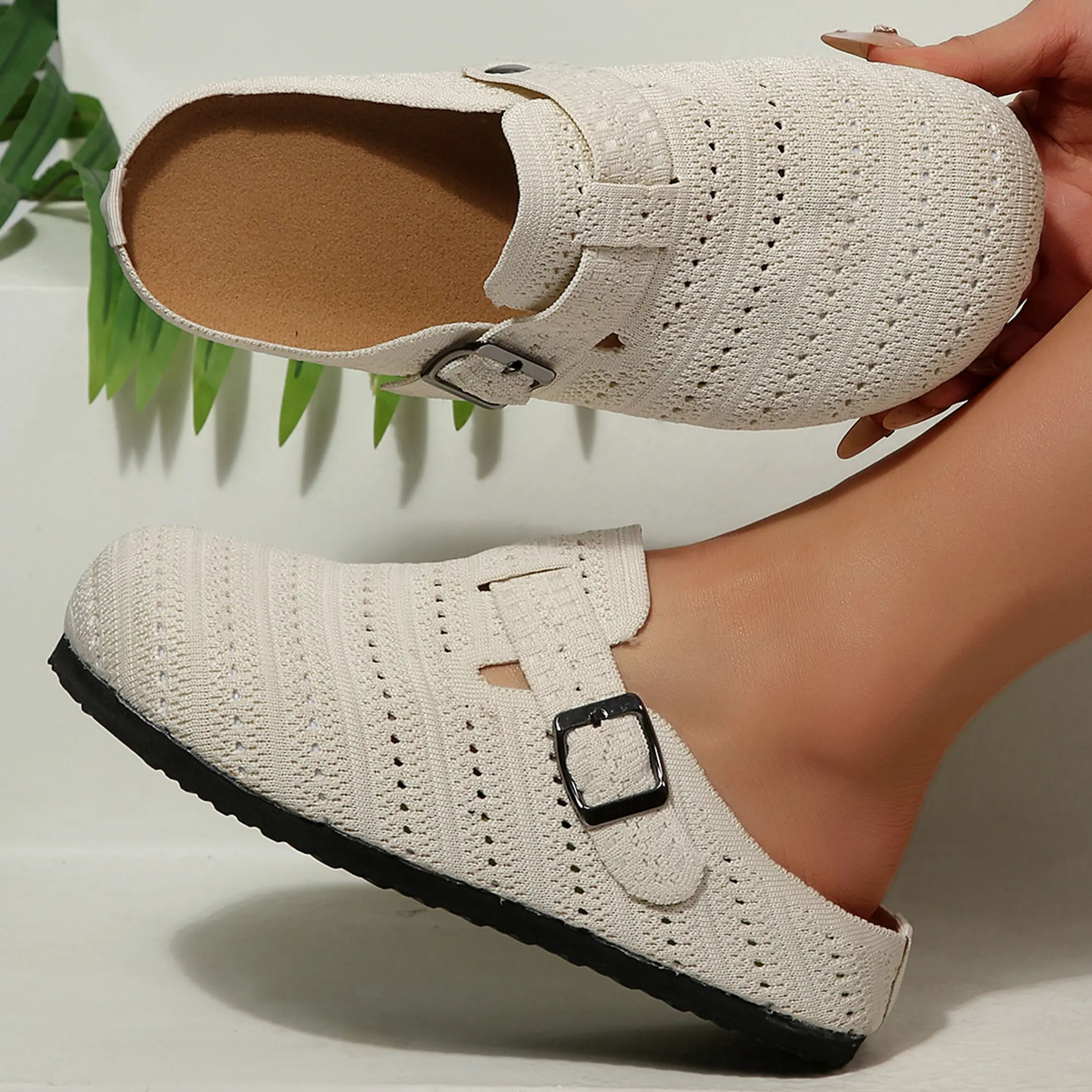 Lightweight Knitted Clogs Sandals for Women, Breathable Hollow-Out Design with Buckle Strap - Stylish & Comfy Footwear