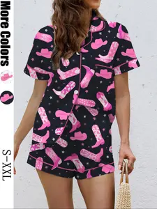 Women's Western Cowboy Boots Print Pajama Set, Loungewear, Casual Outdoor Clothing, Soft Shirt Collar Top & Elastic Shorts, Comfortable Home Wear