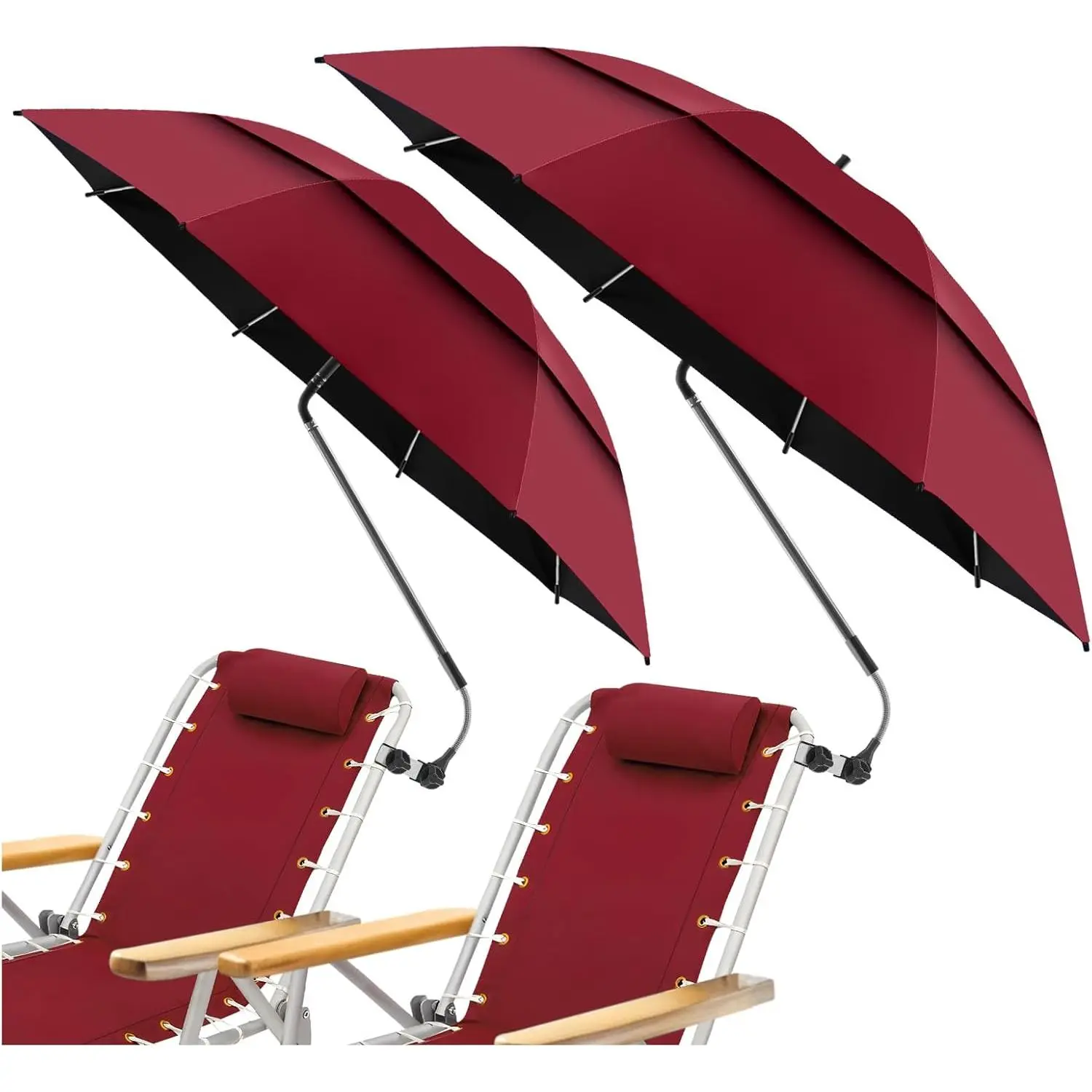 2 Pack 48.6" Double Canopy Umbrella with Clamp, UPF50+ Beach Chair Umbrella with clip, 360?Adjustable Portable Outdoor , Patio, Golf Carts,Camping(Not Include Chair)