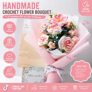 Handmade Knitted Bouquet Simulated Flower Arrangement, Perfect Birthday Gift Mother's Day Easter Graduation Decorations No Light Included, Knitted Artificial Flowers