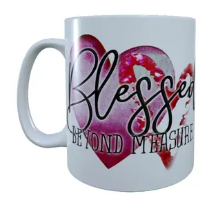 Blessed Beyond Measure 15 oz Ceramic Drinkware Mug with Heart Graphic, Ideal for Coffee and Reusable Tidiness