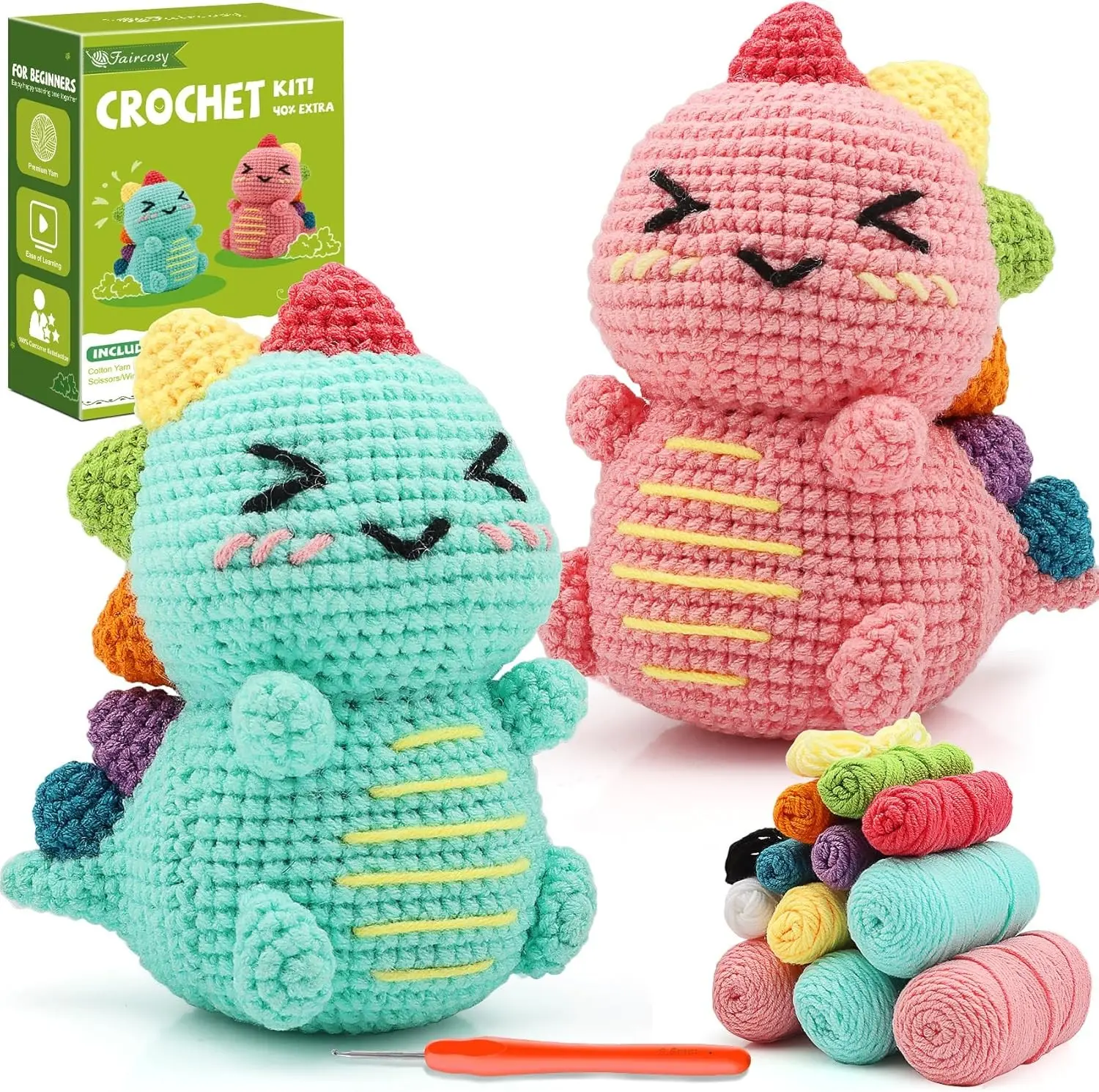 Faircosy Dinosaur Crochet Kit for Beginners: 2PCS Crochet Animal Kits for Adults - Learn to Crocheting Cute Amigurumi Starter Kit with Written Pattern & Video Tutorials (40%+ Yarn Extra) Gift