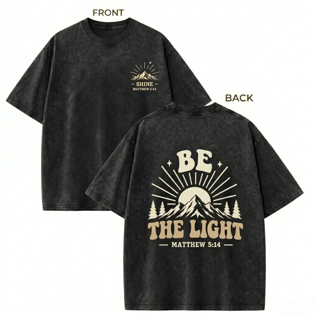 Be The Light Matthew 5 14 Shine Mountain Sun Double Sided Unisex Washed Christian Tshirt Mens Vintage Acid Wash Graphic Tee, Oversized Faith Shirt, Outdoorsy Religious Streetwear, Drop Shoulder.Y2K retro, Harajuku style, Mens streetwear, Graphic tee