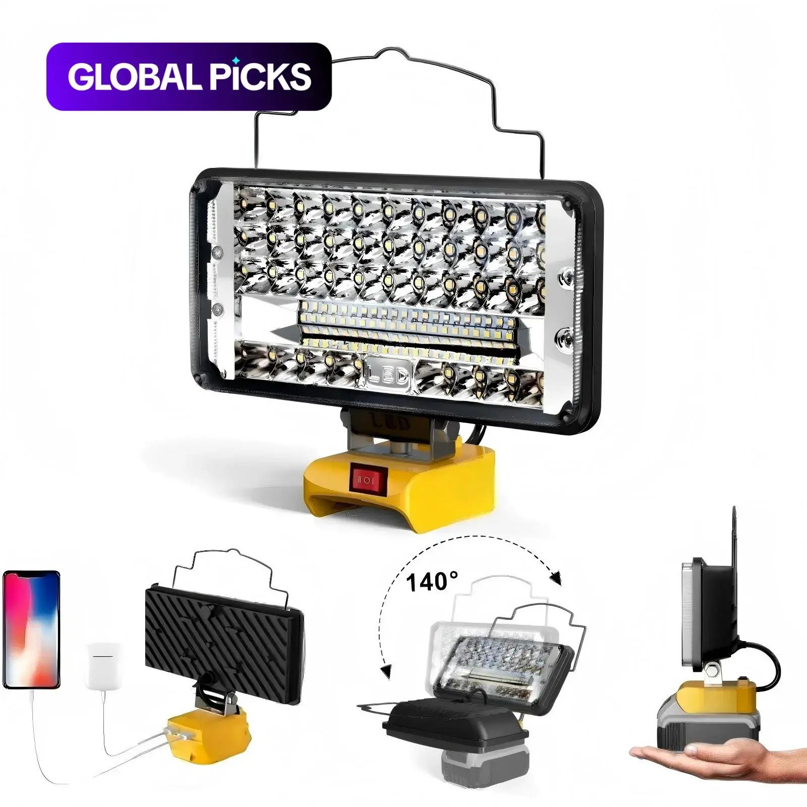 LED Work Light Compatible with Dewalt, 90W 9000LM 8 Inch Bright Battery Lamp, Wireless High Power LED High Lumens Flashlight with 2 USB Ports, Low Voltage Protection #GLOBAL PICKS