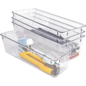 4 count Clear Plastic Drawer Organizer, Desk Drawer Divider Organizers and Storage Bins for Makeup, , Gadgets for Kitchen, Bedroom, Bathroom, Office (9.0"x3.0"x2.2")