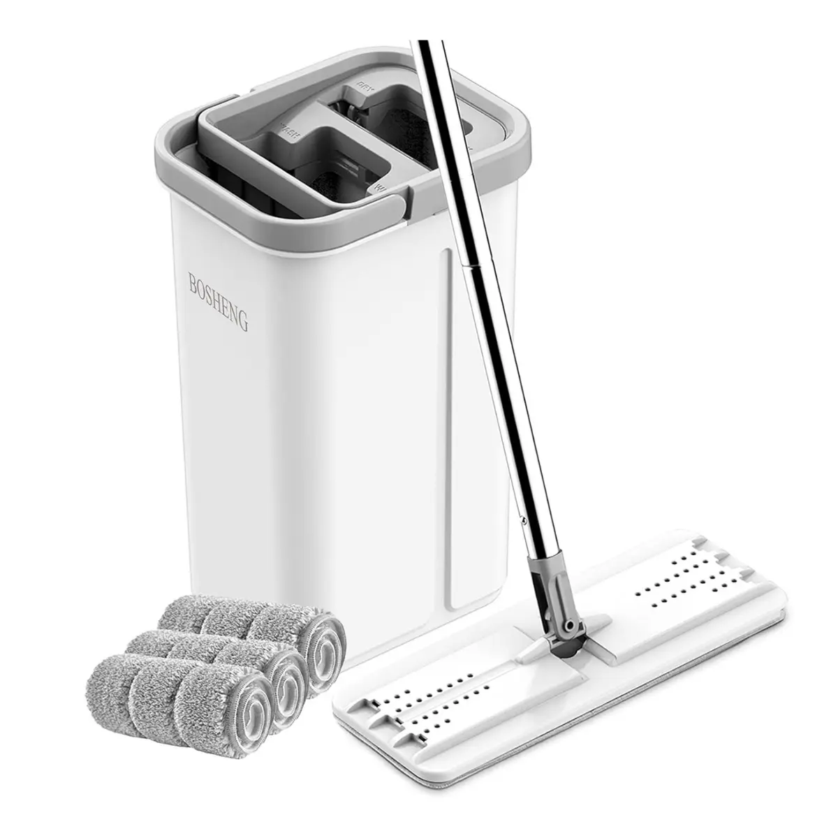 BOSHENG Mop and Bucket with Wringer Set, Hands Free Flat Floor Mop and Bucket, 3 Washable Microfiber Pads Included, Wet and Dry Use, Home Floor Cleaning System for All Floor Types and Windows