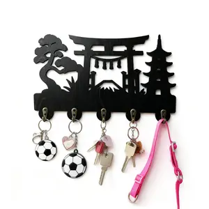 Japanese Wooden Key Hook, Vintage Wood Coat Hanger, Wall Mounted Key Storage, Home Organizer, Decorative Wall Hooks with 5 Alloy Hooks