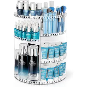 360° Rotating Makeup Organizer, Large Capacity Vanity Organizer with DIY Adjustable Trays, Makeup Brush Perfume Skincare Organizer Spinning Holder Shelf Storage Rack for Bathroom, Bedroom