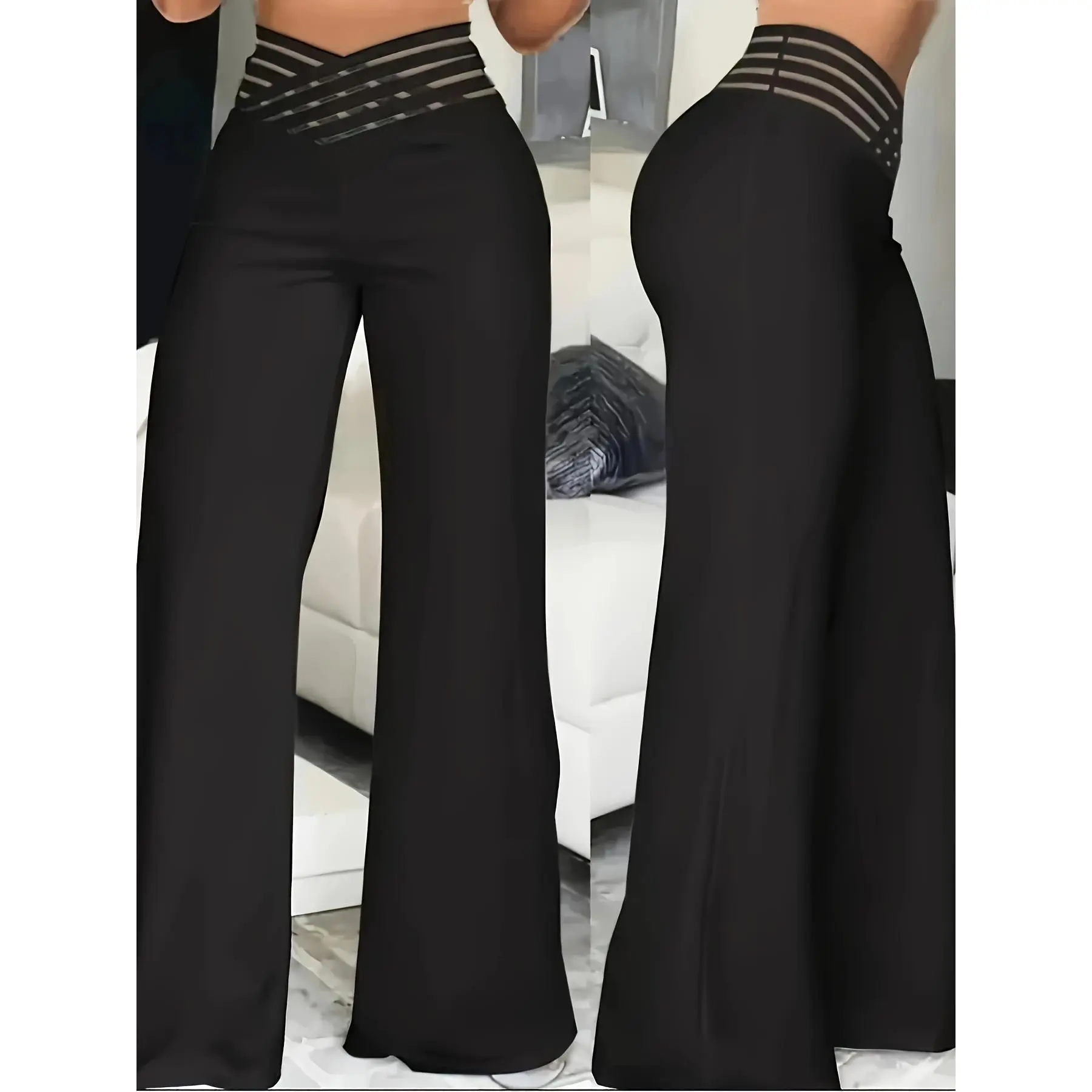 Elegant High-Waist Cross Detail Transparent Mesh Patchwork Pants, Solid Color, Polyester, Machine Washable - All Seasons