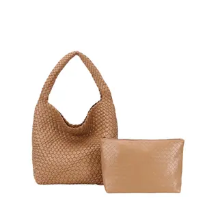 Woven Hobo Tote Bag for Women – Large Slouchy Shoulder Bag with Matching Pouch, Soft PU Leather Everyday Handbag