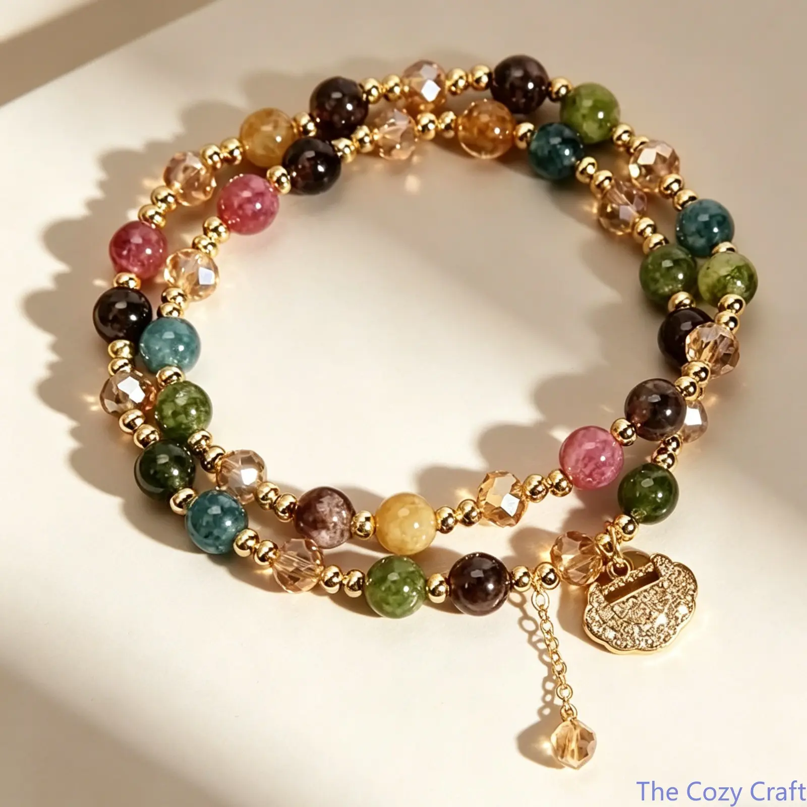 Female Modern Double Circle Gemstone Bracelet with Metal Beads - Unique Long Life Lock Design, Colorful Hand Chain, Elegant Instagram-Style Charm, High-End Friend Gift, Ideal for Birthday, Luggage Bag Accessory Charm