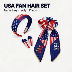 USA Female Fan Hair Kit - 2026  Comfy Headband, Gentle Scrunchie & Secure Clips, Perfect for Diehard Women Fans to Rep the Red, White & Blue at Tailgates & Stadiums