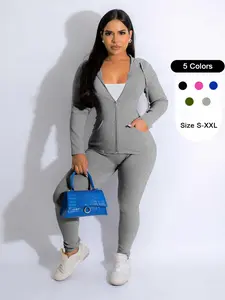 Two-piece Set Women's Solid Zip Up Drawstring Hooded Jacket & Pants Set, Long Sleeve Pocket Top & Trousers, Lady Casual Clothes for Yoga Gym Workout Running Back To School, Two Piece Set Womenswear, Cute Gym Clothes