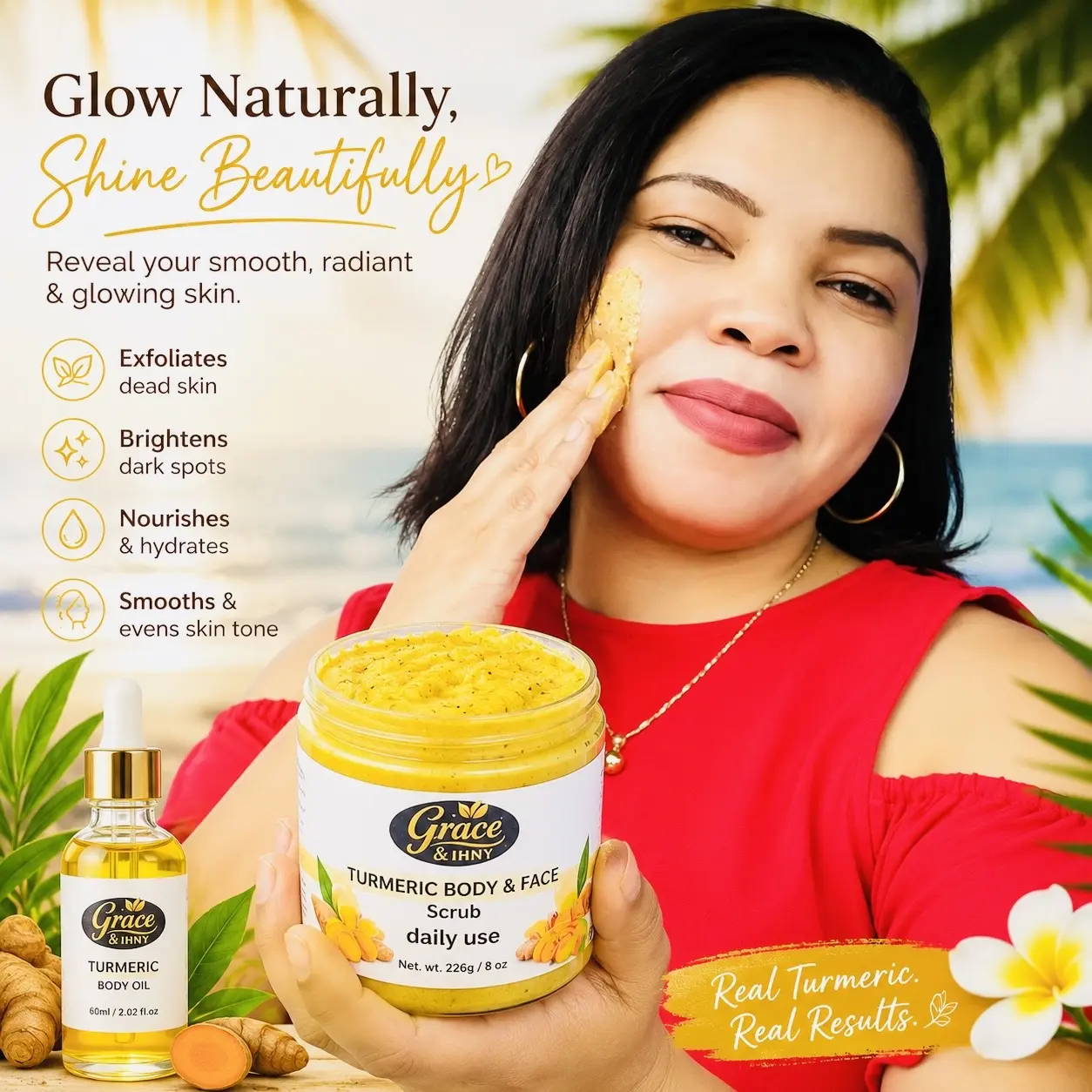 Turmeric Nourishing Scrub 280g - Infused with natural turmeric extract and moisturizing ingredients. Gently exfoliates while deeply hydrating the skin, leaving it smooth, supple, and radiant.