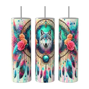 Wolf Floral Dreamcatcher skinny Tumbler Drinkware Insulated Lid Coffee Portable Flasks Water Bottles