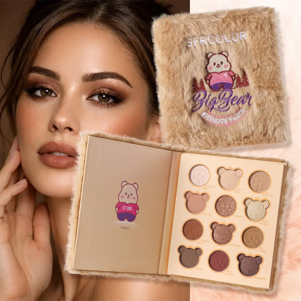 s.f.r color Big Bear Neutral Eyeshadow Palette, 12 Shades Matte Shimmer Nude Brown Eye Shadow, Cute Plush Bear Makeup Palette, Daily Commute Smoky Eye Makeup Kit for Beginners Cosmetic Gift Glitter Smokey Eyeshadow Palette