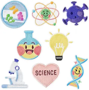 8Pcs Science Iron on Patches Cute Cartoon Physics Biology Chemistry Laboratory Sew on Repair Embroidered Applique Scientist Experiment Atom DNA Virus DIY Craft Gifts for Lab Coat Clothes Backpack Hat