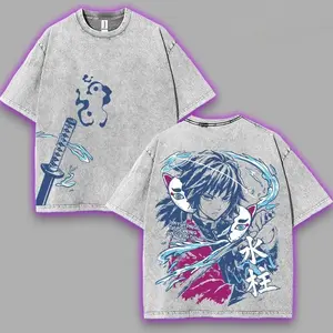 Water Hashira Giyu Tomioka v2 Demon Slayer Kimetsu No Yaiba Anime Double Printed Acid Washed Tee Menswear Soft graphic tee