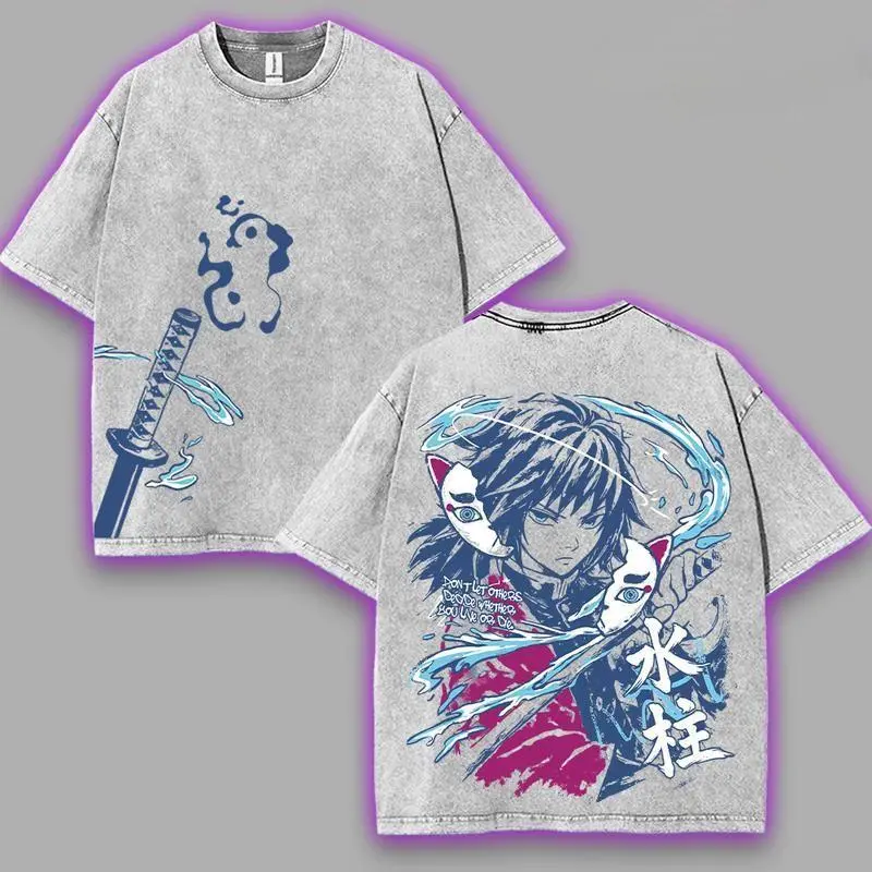 Water Hashira Giyu Tomioka v2 Demon Slayer Kimetsu No Yaiba Anime Double Printed Acid Washed Tee Menswear Soft graphic tee