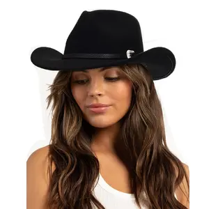 Women & Men Felt Western Cowboy Hat Classic Roll Up Brim Belt Buckle Cowgirl Fedora (M-L)
