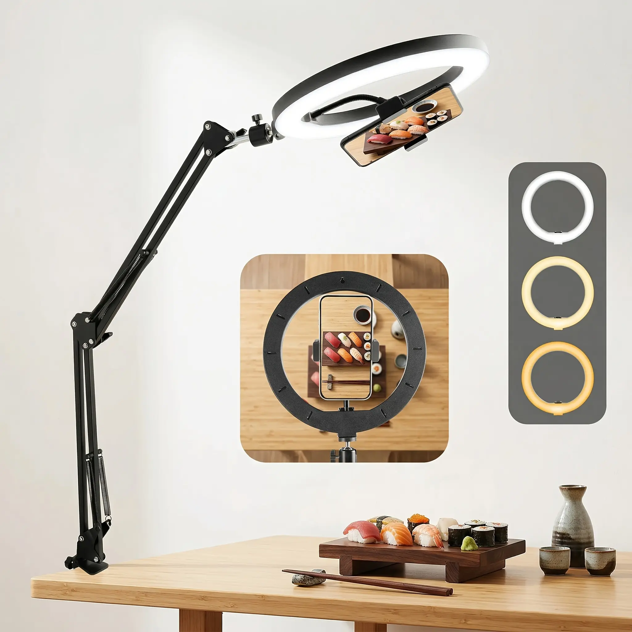 10-inch Ring Light Compatible for Desk with Phone Mount, Adjustable Arm & Clamp, Dimmable LED Selfie Light Suitable for Video Recording, Zoom, Live Streaming, for Office Studio Lighting
