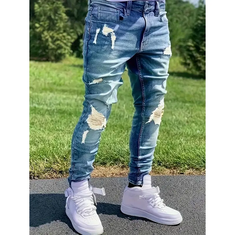 Men's Vintage Distressed Cotton Slim Stretch Denim Jeans - Custom-Fit, Fitted Cut, Pocket Design, Denim Pattern, Casual Streetwear Bottoms, Stylish Menswear Essentials