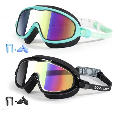 Qilbreeze Swim Goggles 2 Pack Anti-Fog Anti-UV Wide View Swimming Goggles for Kids 3-15 with Nose Clip & Ear Plugs Supplier Warranty 1 Month, Pool Goggles, Swim Glasses