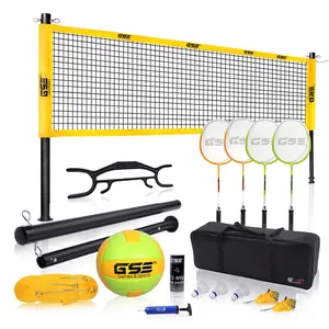GSE Professional Outdoor Badminton and Volleyball Complete Set with Badminton/Volleyball Net, 4 Badminton Paddles, 3 Shuttlecocks, Volleyball. Perfect for Backyards Parks Lawns and Beaches
