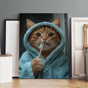 Cat Brushing Teeth Pattern Canvas Painting with Frame, Modern Art Print, Wall Art Decor for Home Living Room Bedroom Office, Ornaments