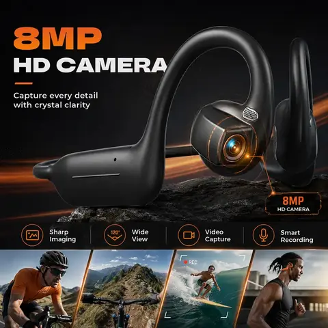 Open-Ear Bone Conduction Bluetooth Wireless Headphone - 8MP EIS Stabilized Camera, 160+ Languages Instant Translation, Button/Touch Control, IP65 Waterproof, App Required, Outdoor Cycling Vlog Recording Smart Glasses, Cool Tech Gadget for Guys