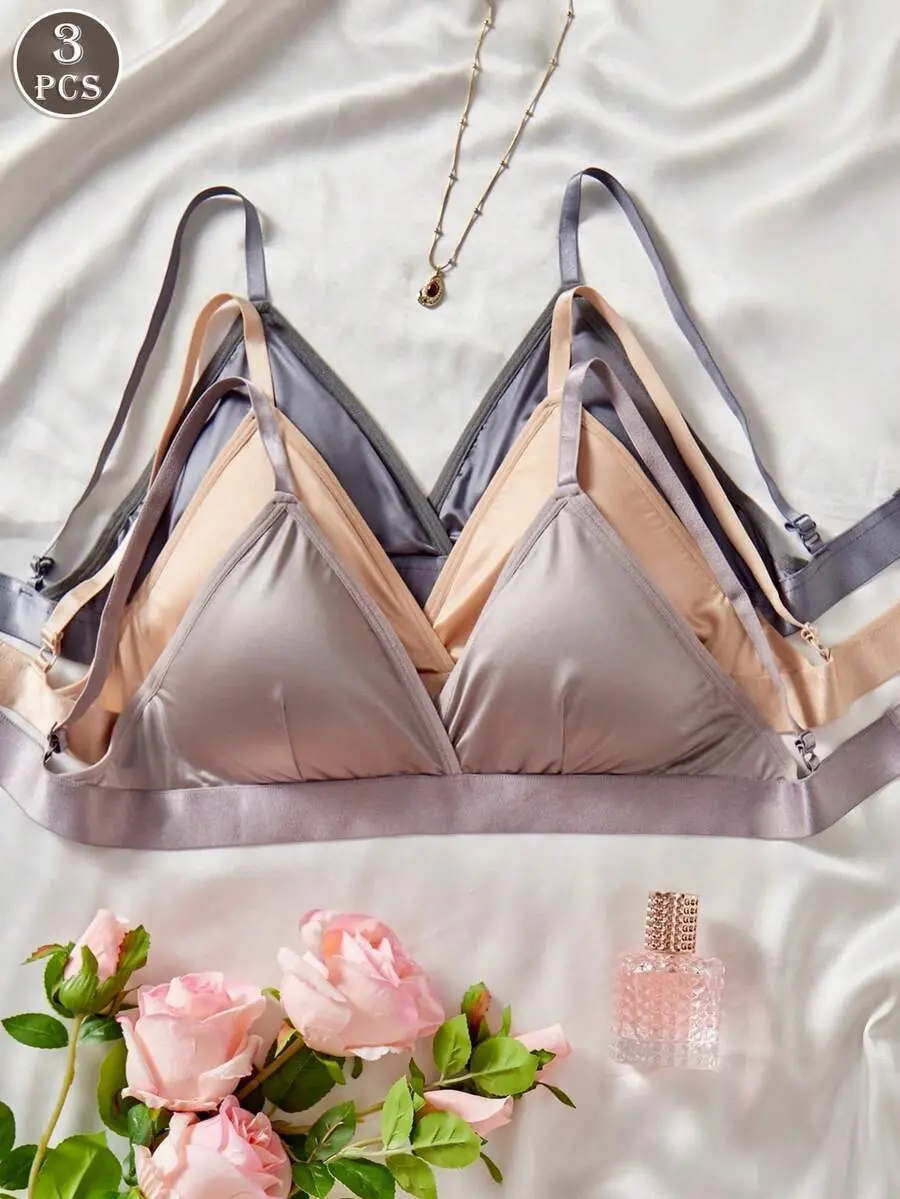 ROSA 3pcs Women's Summer French Triangle Cup Silk Wireless Bra, Removable Pads, Adjustable Straps, Solid Color Deep V Everyday Underwear