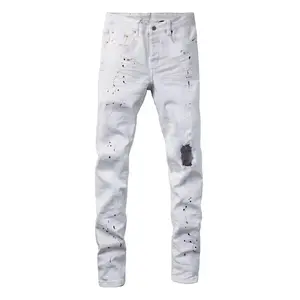 Street fashion splashed ink hand-painted designer style washed white slim fit elastic men's denim small straight leg pants outdoor casual men's denim pants