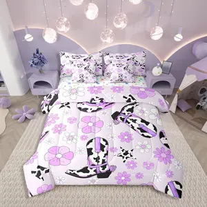 Feelyou 7-Piece Western Cowgirl Bedding Set for Girls - Purple Floral Milk Cow Print Comforter, Cow Print Blanket, Breathable Soft Bedding Sheets with Cowgirl Boot & Hat Accents, Farmhouse Flower Bed-in-a-Bag