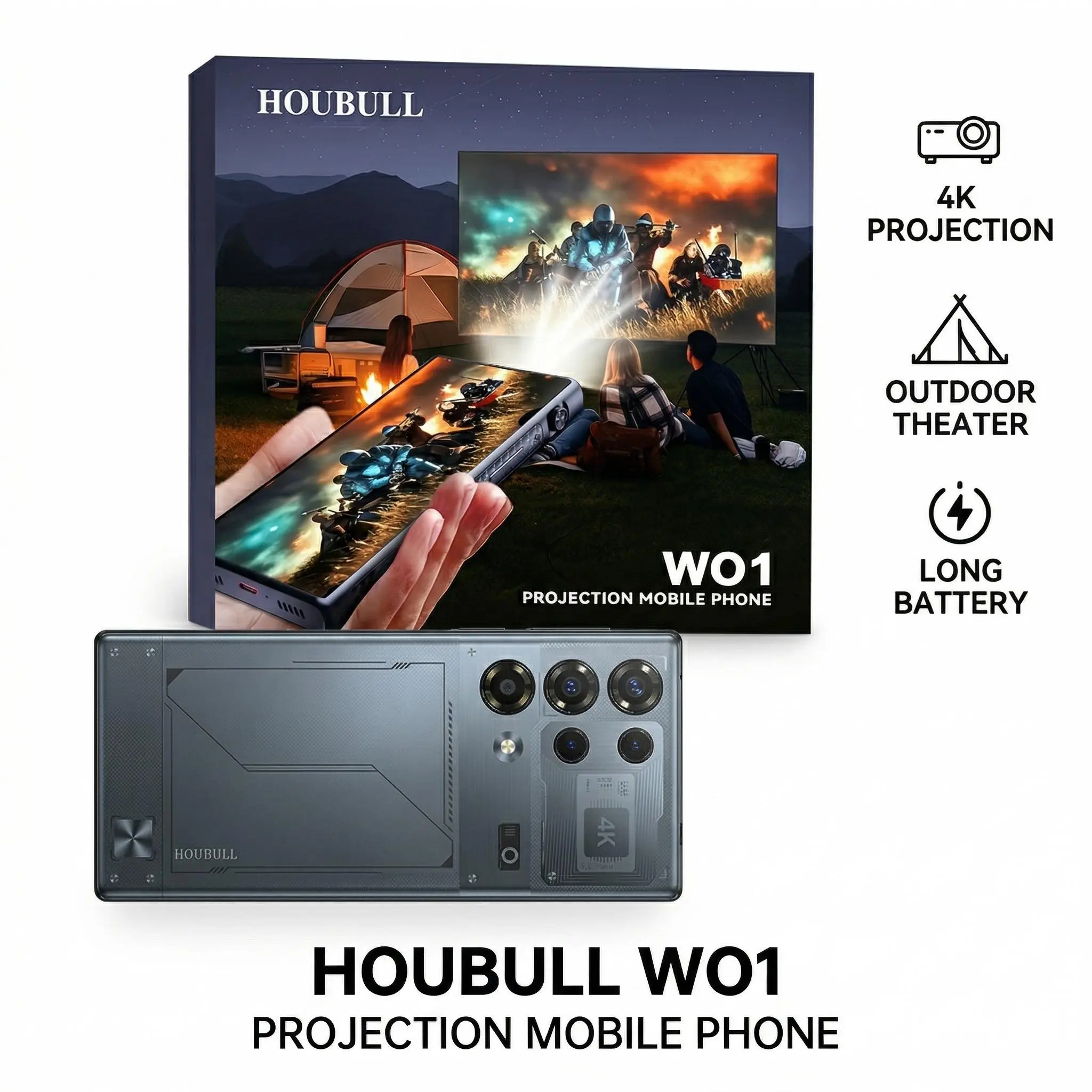 HOUBULL Smartphone, 4K Ultra HD Mobile Phone, 5G Unlocked Android Phone Ideal for Outdoor Camping & Home Theater, Long Battery Life