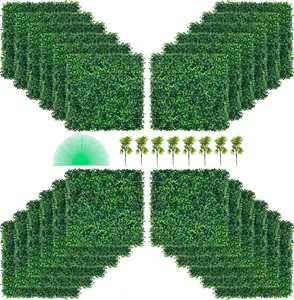 Artificial Boxwood Panel Set, UV Protected, 24 Pieces, Boxwood Hedge Wall Panels, Artificial Grass Backdrop Wall, 20 X 20 Inches, 4 cm Thick, Green Grass Wall Decor, Fake Hedge For Privacy Fence, Indoor Outdoor Garden Backyard