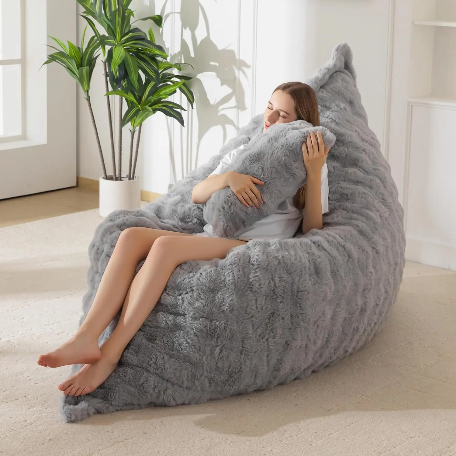 Giant Bean Bag Chair with Pillow, 3 in 1 Convertible Bean Bag Chair for Adults with Removable Cover, Floor Cushion Stuffed Floor Lounger for Living Room Bedroom, Bubble Grey