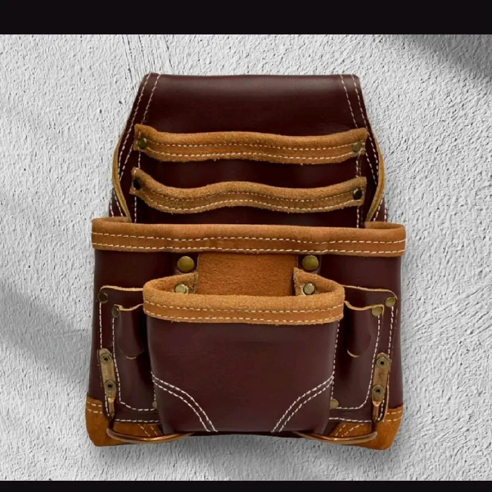 Leather Tool Pouch - 10-Pockets Heavy Top Grain Leather Pouch with 2 Hammer Loops Large & Small Pockets Fits Work Belts up to 3" Handcrafted Durable for Carpenter Construction Framers Handyman